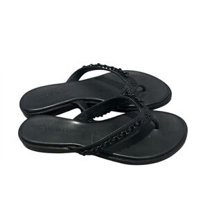 Tory Burch Women's Everly Chain Leather Thong Flat Sandals Black Size 5M